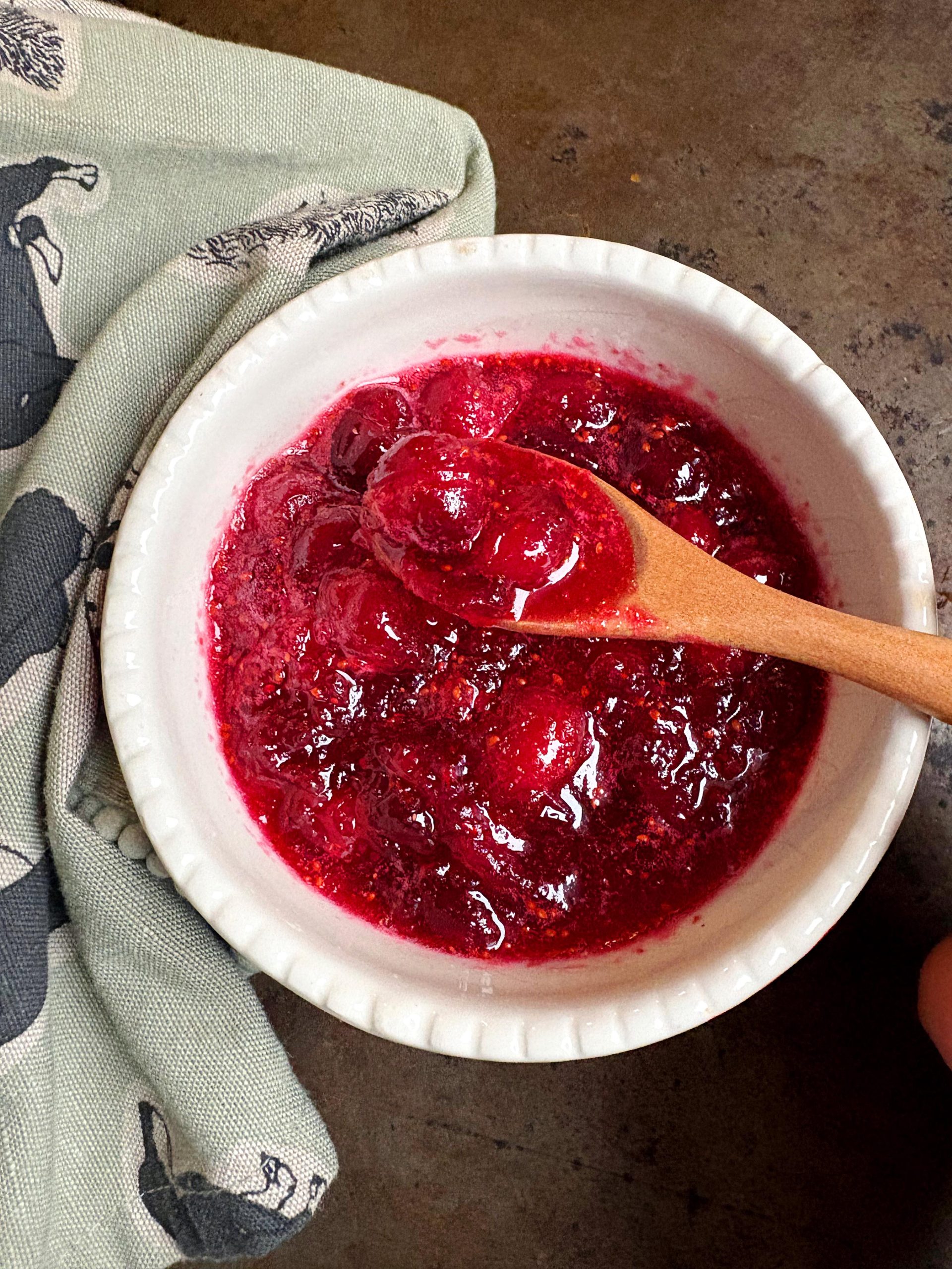 Overhead view of a small white bowl filled with cranberry sauce and a small wooden spoon.